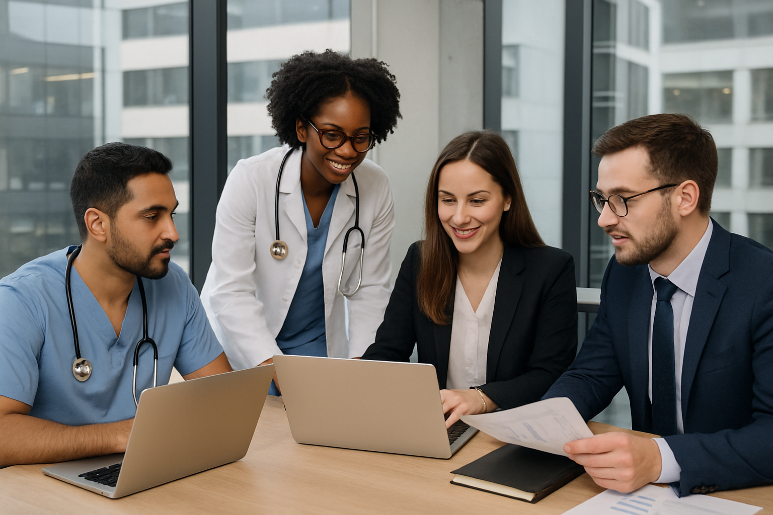 Healthcare consulting team collaborating in a modern office